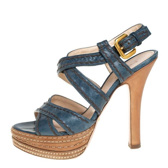 Prada Blue And Tan Leather Stitch Detail Cross Strap Platform Sandals Size 36 - Picture 2 of 4